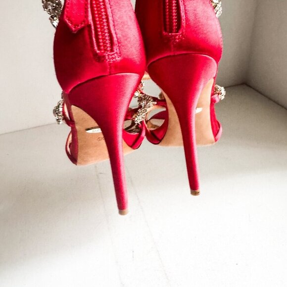 Badgley Mischka coral red satin rhinestone  cocktail heels shoes 5.5 - Picture 2 of 10